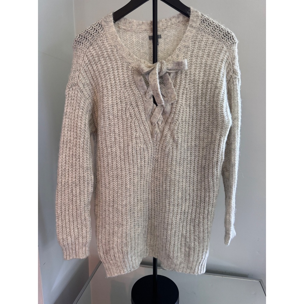 Aerie Lace Up V-Neck Chunky Knit Sweater Cream Wool Alpaca Blend Small
